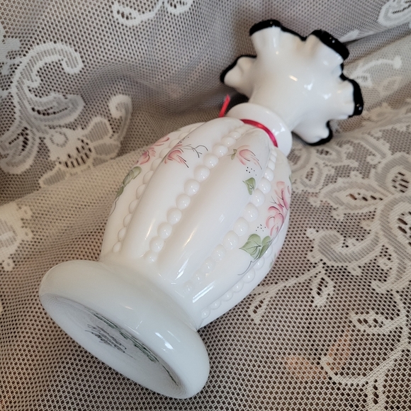 Vintage Signed Fenton Vase Hand Painted Beaded Milk Glass - Picture 5 of 12